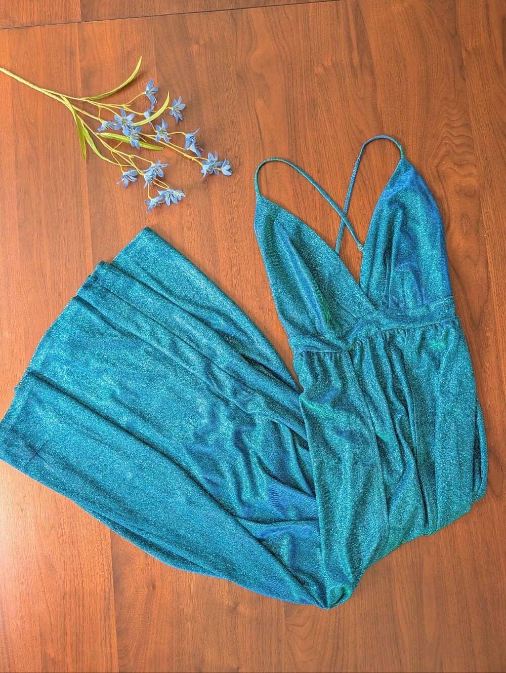 Azazie Symphony Teal Sparkle Plunge Neck Gown | Women's S